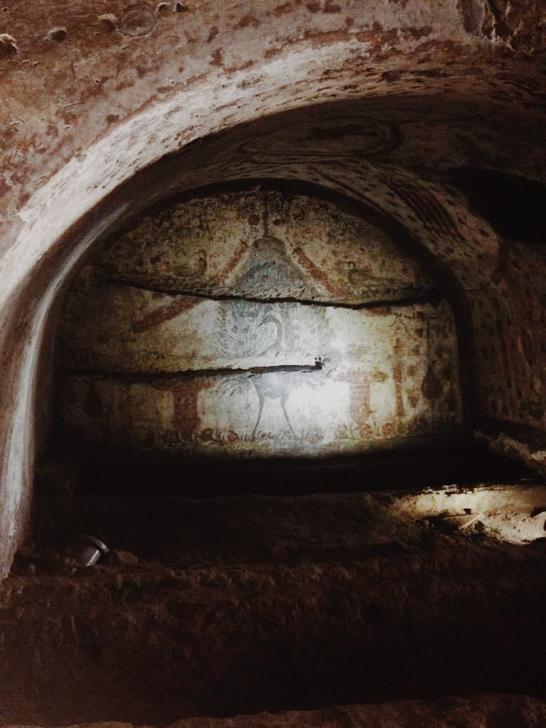 Fresco in an alcove in the San Gennaro catacombs of a peacock.