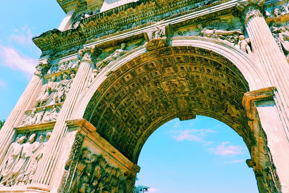 The Arch of Trajan in Benevento Campania. View from below the arch showing the panels and friezes