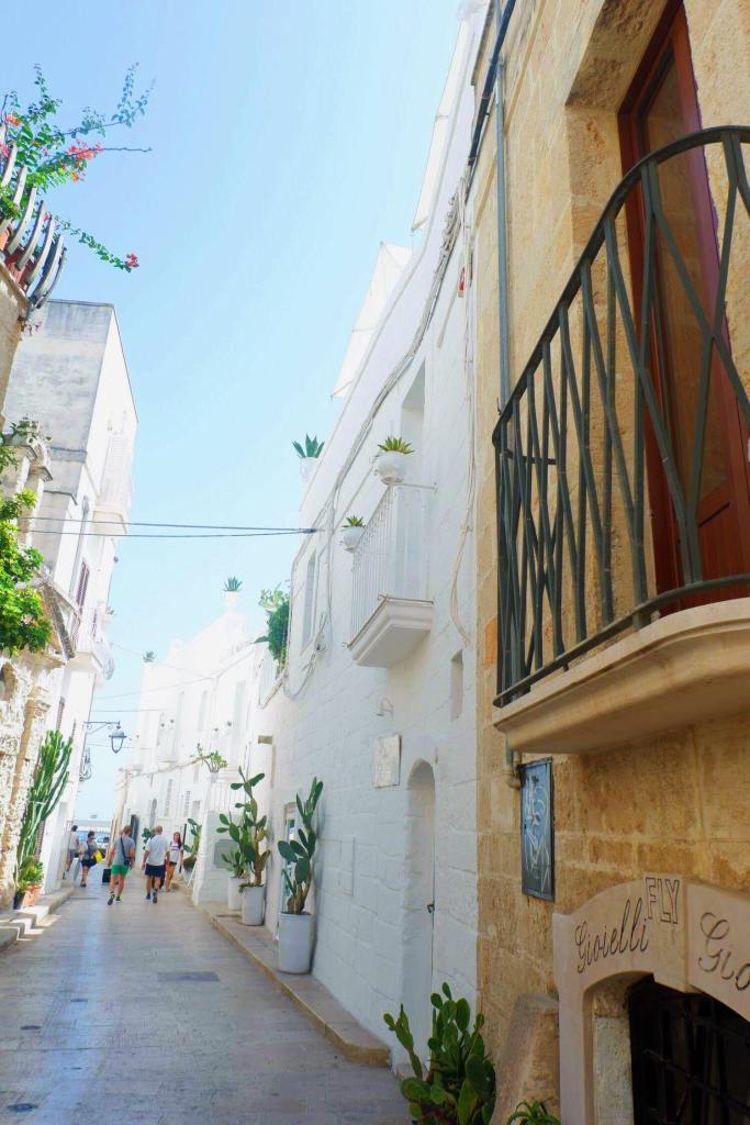 A street in Monopoli, Puglia. At the forefront on the right is a yellow sandstone building with balcony and sign saying "Gioielli". The street is lined with white washed buildings. in front of each building is tall cacti.