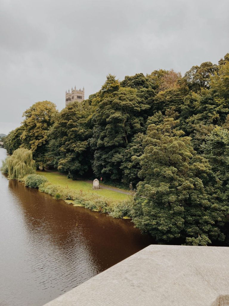 View of Durham Cathedral and river bank from Prebends Bridge 