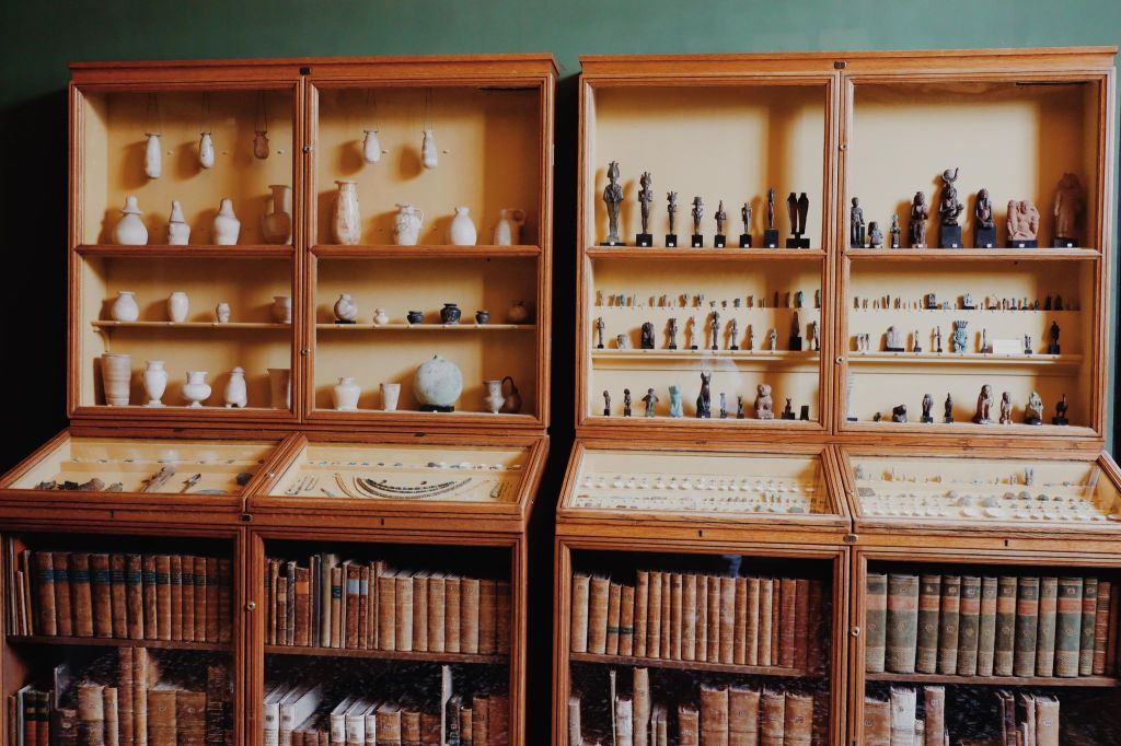 Cabinet of Egyptian artefacts in the Thorvaldsen Museum Copenhagen 